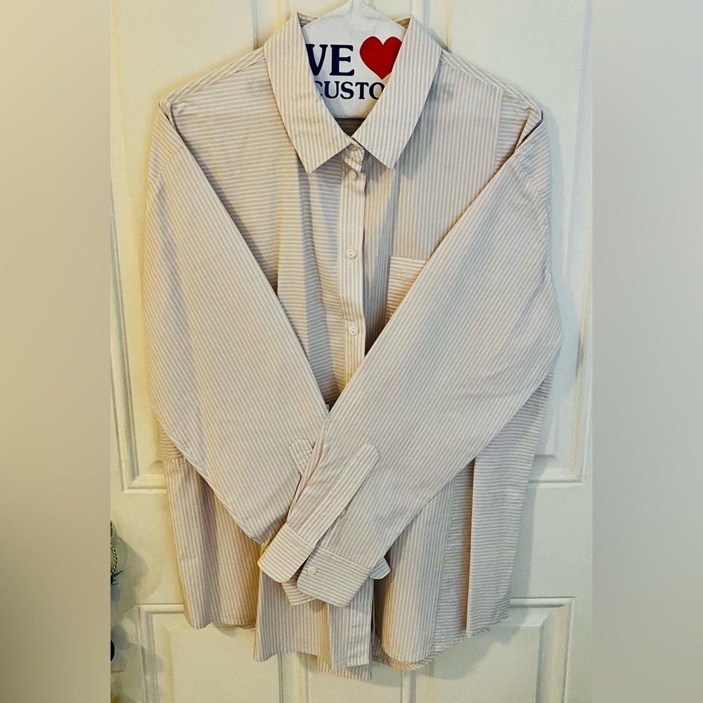 Time and Tru Oversized Button Front Shirt - Cotton Papyrus Stripe LG NWOT - Picture 2 of 10